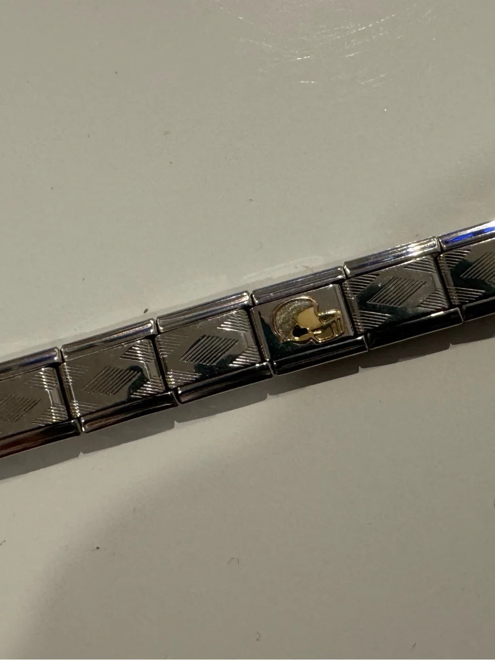 Stainless Steel Silver Tone Link Bracelet with Gold Accent